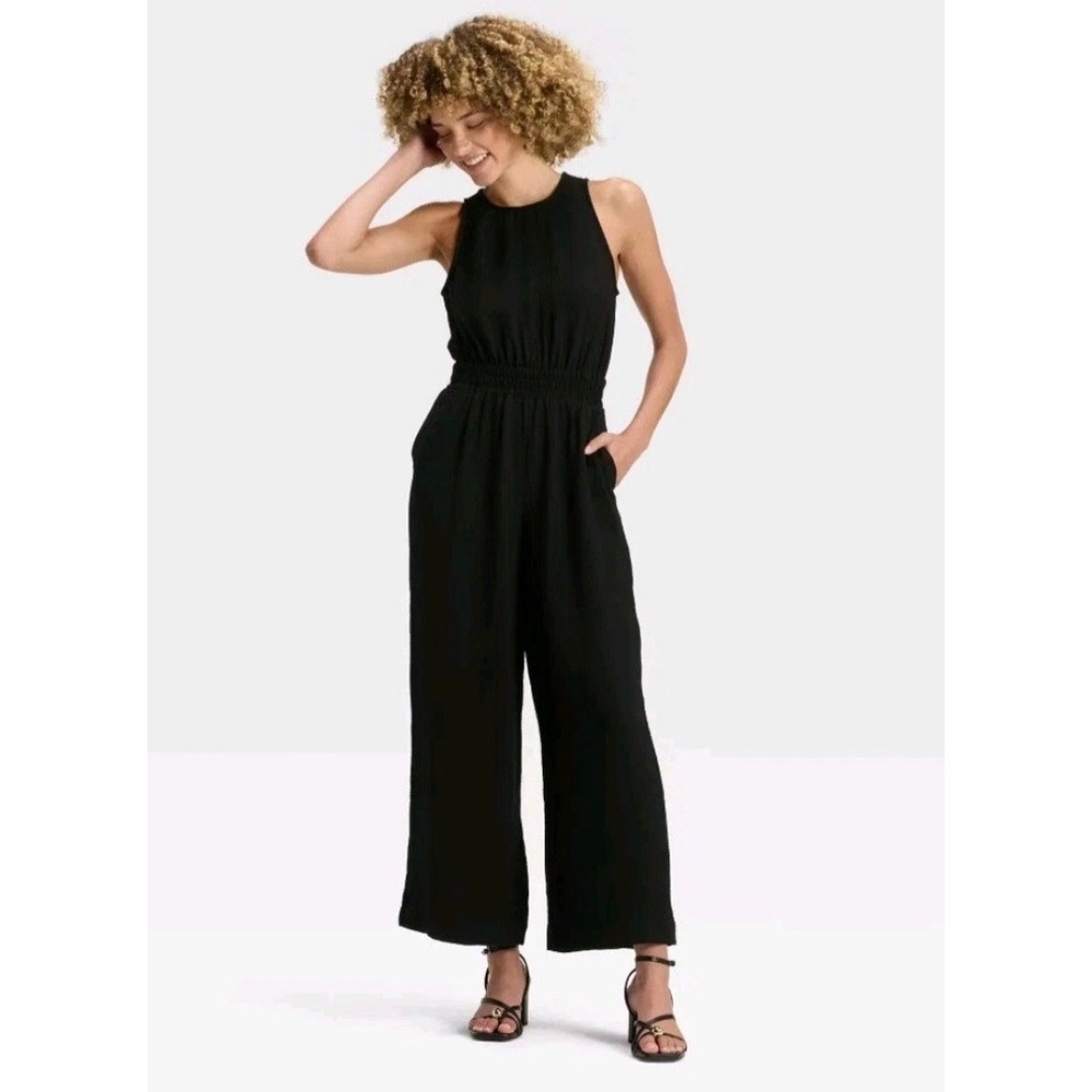 A New Day Womens Black Sleeveless Wide Leg Smocked Waist Jumpsuit Size M NWT